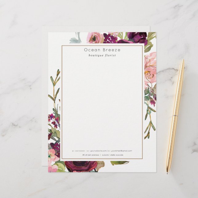 Glam Gold Blush Burgundy Watercolor Rose Floral Letterhead (Front/Back In Situ)