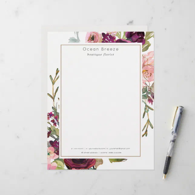 Rust Roses Letter Head Glam Gold Blush Burgundy Watercolor Rose Floral Letterhead | Zazzle