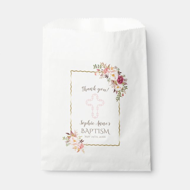 Glam Gold Blush Floral Baptism Thank you Favor Bag (Front)
