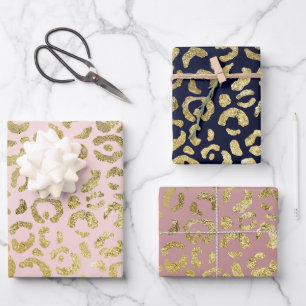 Glam Gold Blush Pink Blue Leopard Print Set of 3 Wrapping Paper Sheets