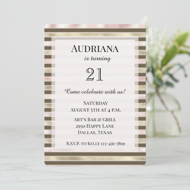 Glam Gold Blush Pink Brown Stripes Birthday Invitation (Standing Front)