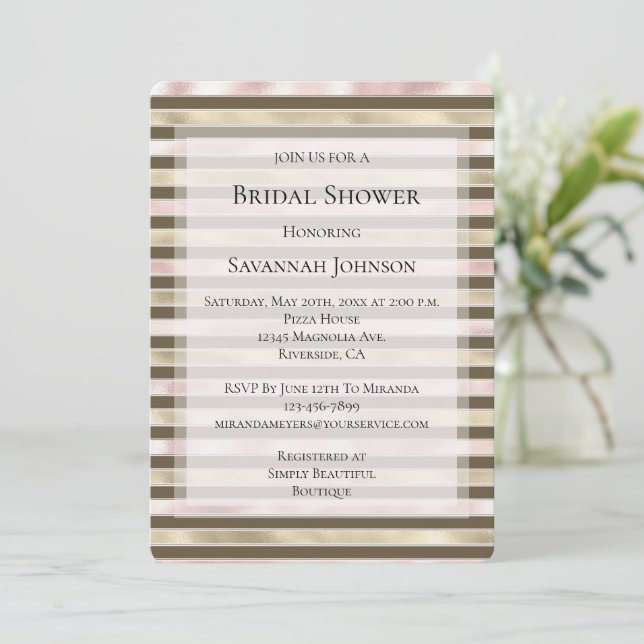 Glam Gold Blush Pink Brown Stripes Bridal Shower Invitation (Standing Front)