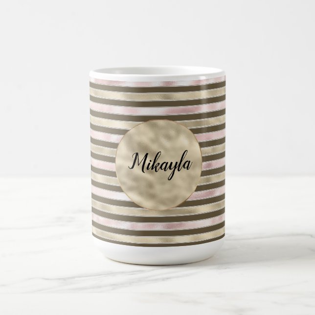 Glam Gold Blush Pink Brown Stripes Coffee Mug (Center)