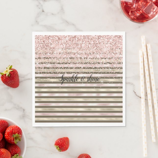 Glam Gold Blush Pink Brown Stripes Girly Glitter Napkins (Insitu)
