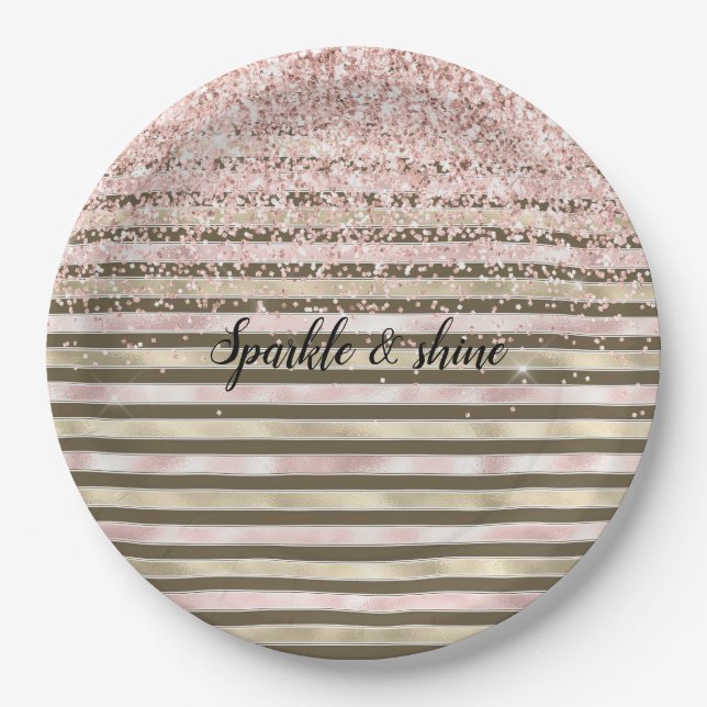 Glam Gold Blush Pink Brown Stripes Girly Glitter Paper Plates (Front)