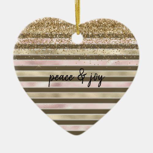 Glam Gold Blush Pink Brown Stripes Glitter Sparkle Ceramic Ornament