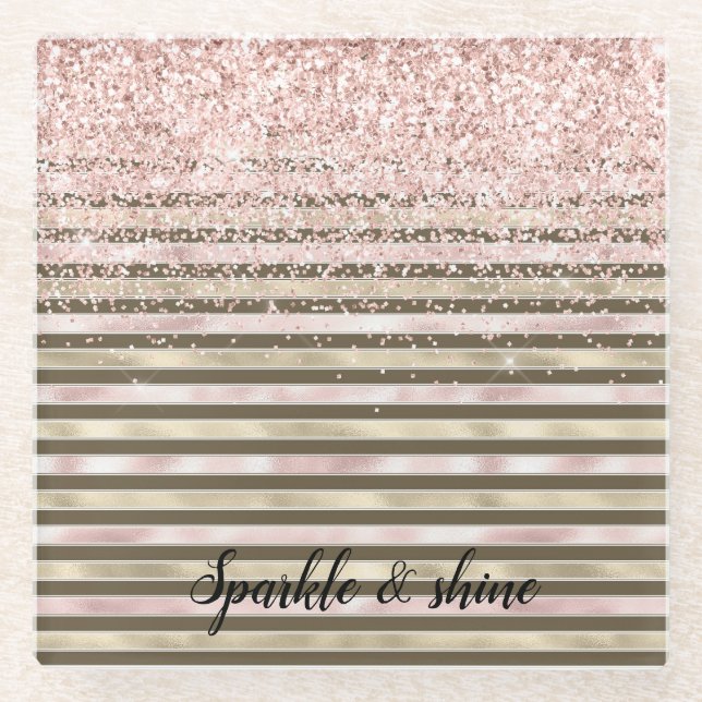 Glam Gold Blush Pink Brown Stripes Glitter Sparkle Glass Coaster (Front)