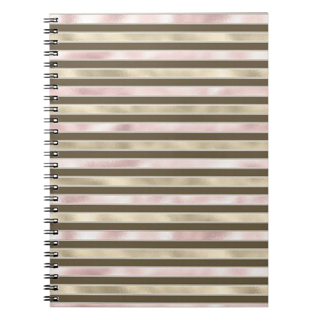 Glam Gold Blush Pink Brown Stripes Notebook (Front)