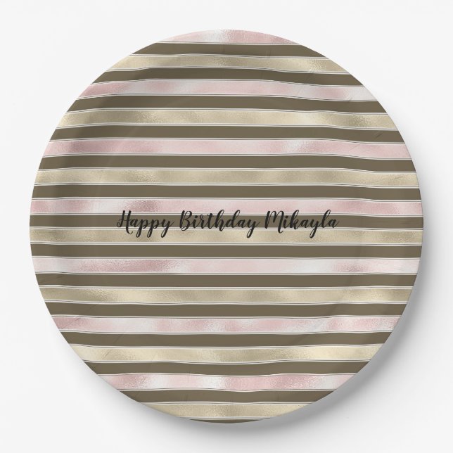 Glam Gold Blush Pink Brown Stripes Paper Plates (Front)
