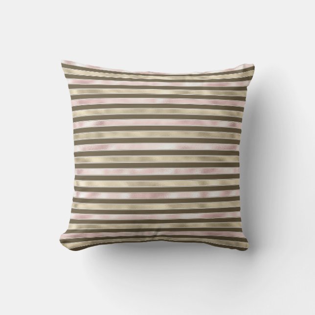 Glam Gold Blush Pink Brown Stripes Throw Pillow (Front)