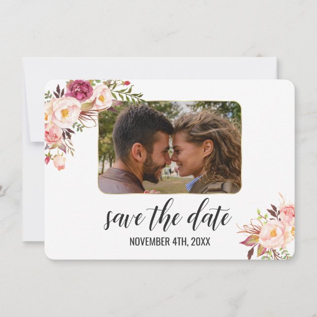 Glam Gold Blush Pink Floral Photo Save The Date (Front)