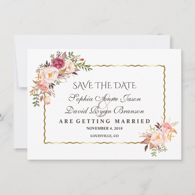 Glam Gold Blush Pink Floral Save The Date (Front)