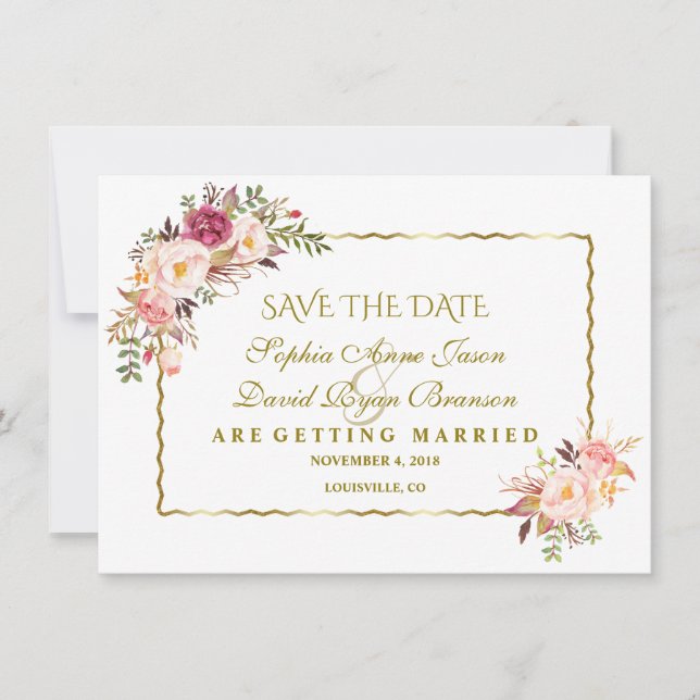Glam Gold Blush Pink Floral Save The Date (Front)