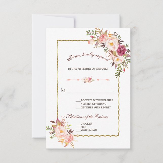 Glam Gold Blush Pink Floral Wedding RSVP (Front)