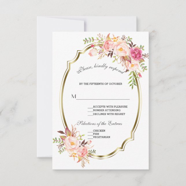 Glam Gold Blush Pink Floral Wedding RSVP Card (Front)