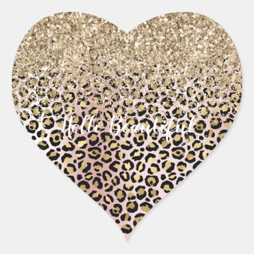 Glam Gold Blush Pink Leopard Print Glitter   Heart Sticker