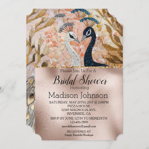 Glam Gold Blush Rose Peacock Bridal Shower Invitation