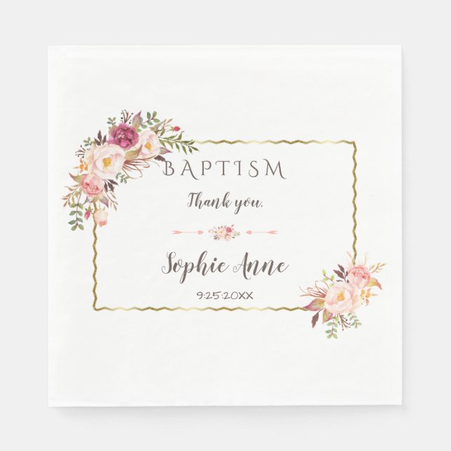 Glam Gold Blush Watercolor Floral Baptism Napkins (Front)