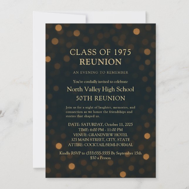 Glam Gold Bokeh Lights High School Class Reunion Invitation (Front)