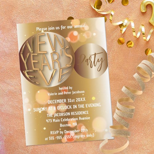 Glam Gold Bronze New Years Eve Celebration Party Invitation