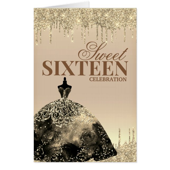 Glam Gold Brown Glitter Spark Sweet 16 Birthday Card (Front)