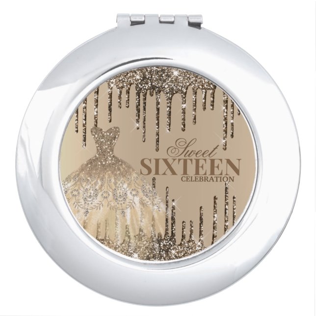 Glam Gold Brown Glitter Spark Sweet 16 Birthday Compact Mirror (Front)
