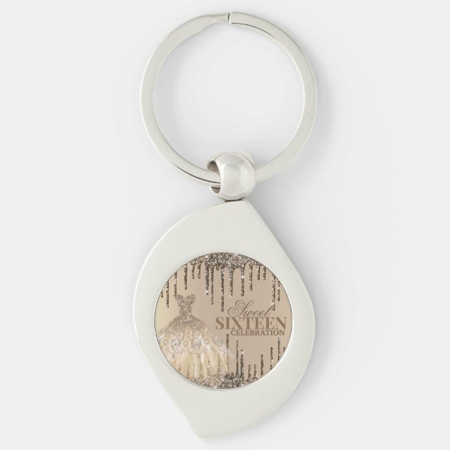 Glam Gold Brown Glitter Spark Sweet 16 Birthday Keychain (Front)