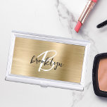 Glam Gold Brushed Metal Black White Monogram Business Card Case<br><div class="desc">This trendy modern business card case features a monogram and first name in black and white script on a stylish gold faux brushed metal background.</div>