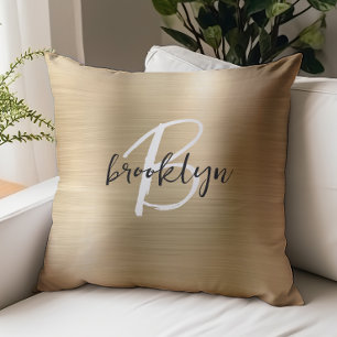 Glam Gold Brushed Metal Black White Monogram  Throw Pillow