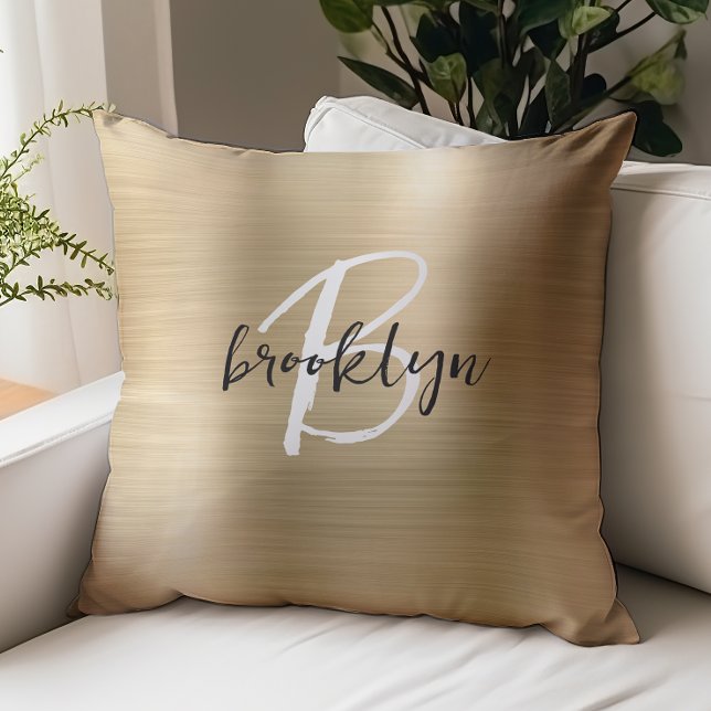 Glam Gold Brushed Metal Black White Monogram  Throw Pillow (Creator Uploaded)