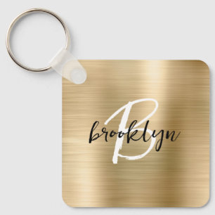 Glam Gold Brushed Metal Monogram Keychain
