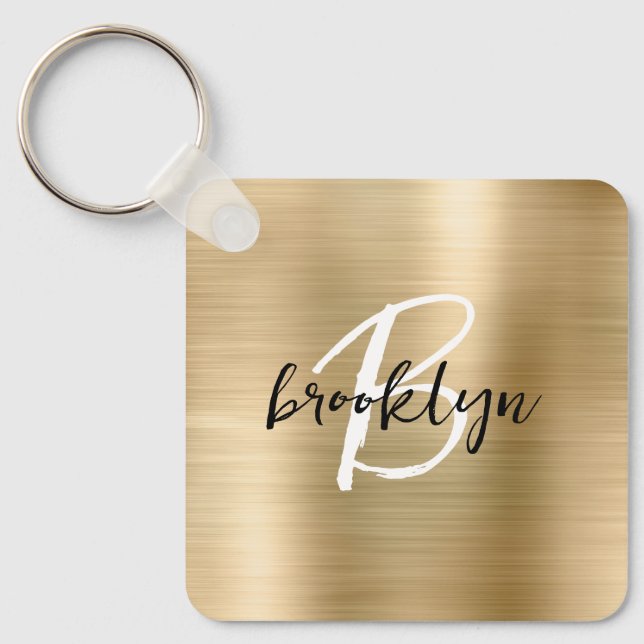 Glam Gold Brushed Metal Monogram  Keychain (Front)