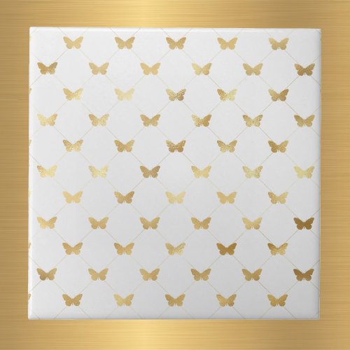 Glam Gold Butterflies White Ceramic Tile