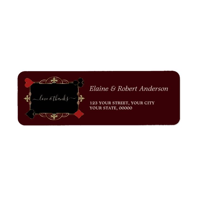 Glam Gold Casino Deep Burgundy Wedding Return  Label (Front)
