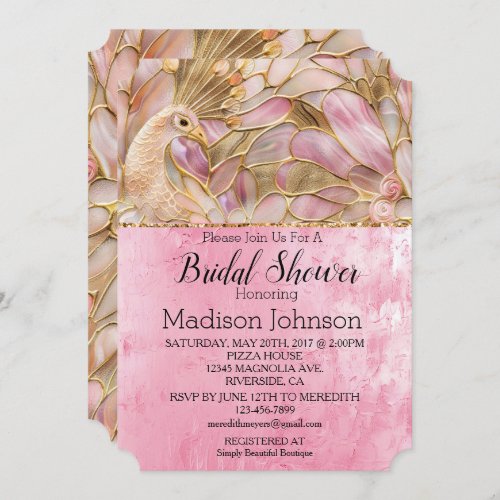 Glam Gold Chic Pink Peacock Bridal Shower Invitation