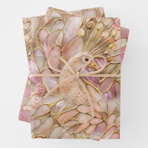 Glam Gold Chic Pink Peacock Wrapping Paper Sheets