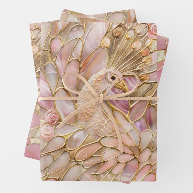 Glam Gold Chic Pink Peacock Wrapping Paper Sheets (In situ)