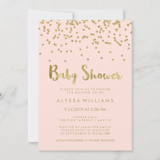 Glam Gold Confetti Baby Shower on Blush Pink Invitation (Front)