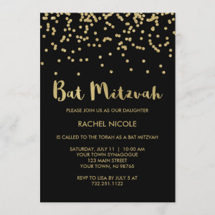 Glam Gold Confetti Bat Mitzvah on Black Invitation