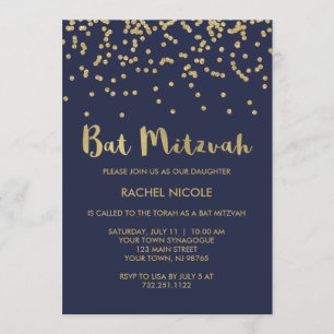 Glam Gold Confetti Bat Mitzvah on Midnight Blue Invitation