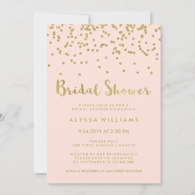 Glam Gold Confetti Bridal Shower on Blush Pink Invitation (Front)
