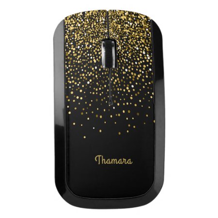 Glam Gold Confetti Design Black Background Wireless Mouse