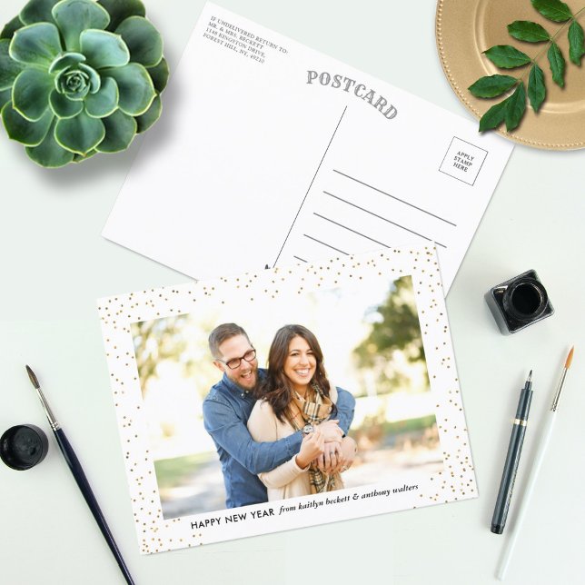 Glam Gold Confetti Happy New Year Photo Holiday Postcard (Creator Uploaded)