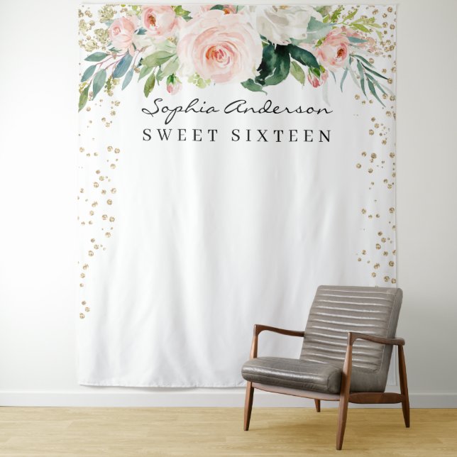 Glam Gold Confetti Sweet 16 Birthday Backdrop (In Situ)