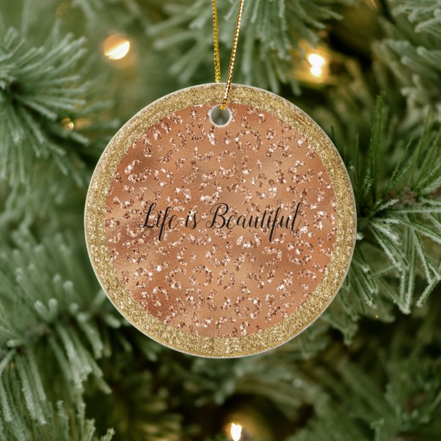 Glam Gold Copper Glitter Leopard Print Ceramic Ornament (Tree)