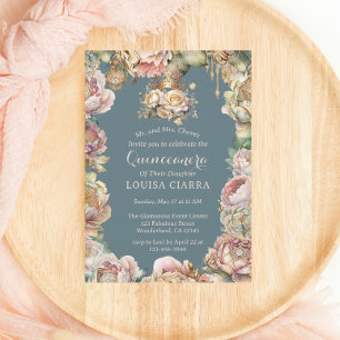 Glam Gold Crown Diamond Flowers Quinceanera  Invitation