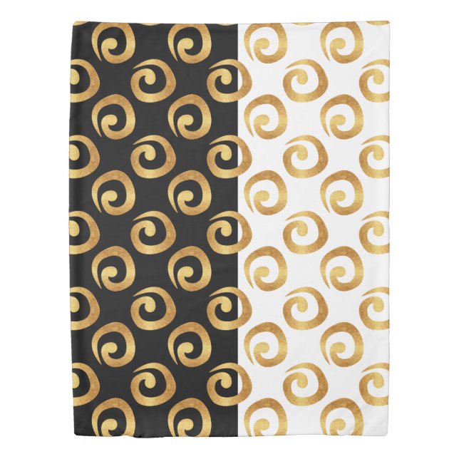 Glam Gold Curls on Black and White Duvet Cover (Front)