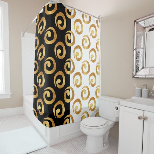 Glam Gold Curls on Black and White Shower Curtain