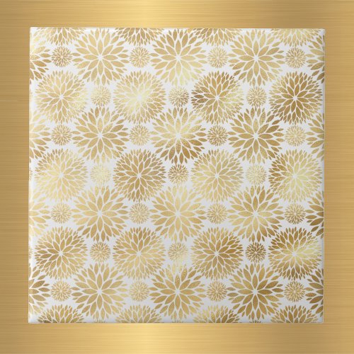 Glam Gold Dahlia Flowers White Ceramic Tile