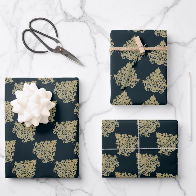 Glam gold damask navy blue wrapping paper sheets (Front)